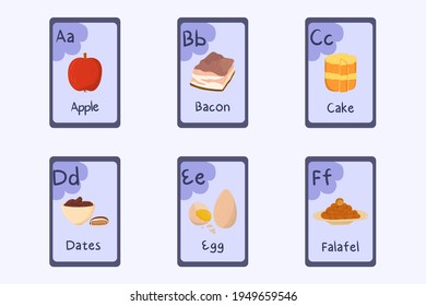 Colorful alphabet flashcard Letter A, B, C, D, E, F - apple, bacon, cake, dates, egg, falafel.