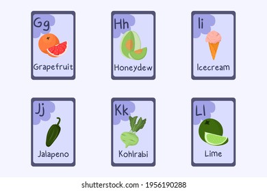 Colorful alphabet flashcard Letter G, H, I, J, K, L - grapefruit, honeydew, icecream, jalapeno, kohlrabi, lime.