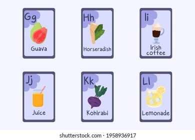 Colorful alphabet flashcard Letter G, H, I, J, K, L - guava, horseradish, irish coffee, juice, kohlrabi, lemonade. Food themed cards for teaching reading with foods, vegetables, fruits and nuts.