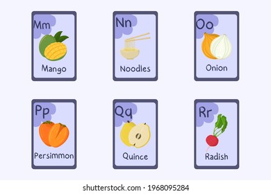 Colorful alphabet flashcard Letter M, N, O, P, Q, R - mango, noodles, onion, persimmon, quince, radish. Food themed cards for teaching reading with foods, vegetables fruits and nuts