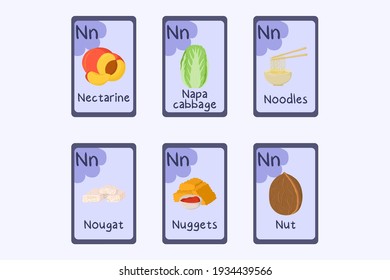 Colorful alphabet flashcard Letter N - nectarine, napa cabbage, noodles, nougat, nuggets, nut.