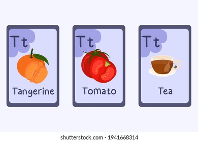Colorful alphabet flashcard Letter T - tangerine, tea, tomato.
