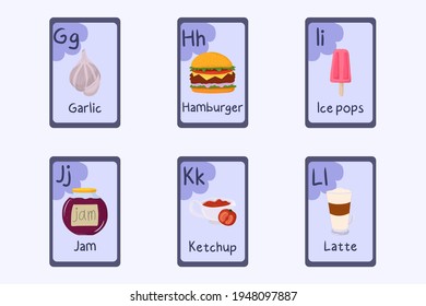 Colorful alphabet flashcard Letters G, H, I, J, K, L - garlic, hamburger, ice pops, jam, ketchup, latte.