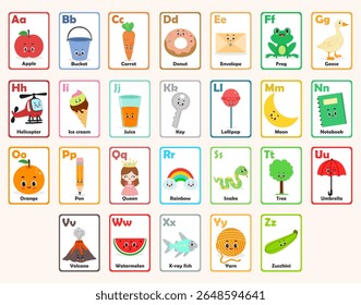 Flashcards coloridos do alfabeto para crianças - letras de A a Z com ilustrações de vetor bonito