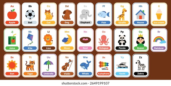 flashcards coloridos alfabeto de A a Z com ilustrações bonitas. Perfeito para fonia, pré-escola, jardim de infância, aulas escolares, educação ESL, planilhas, cartazes e aplicativos de aprendizagem.