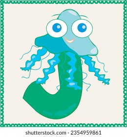 A colorful alphabet for kids. Funny letter J with eyes.
