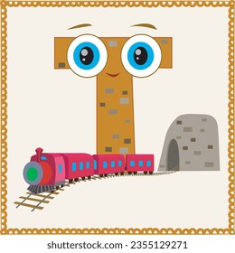 A colorful alphabet for kids. Funny letter T with eyes.
