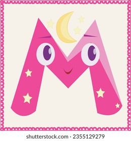 A colorful alphabet for kids. Funny letter M with eyes.
