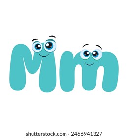 A colorful alphabet for kids. Funny letter M with eyes. Cute Blue Letter M Cartoon Character With cute eyes. Symbol from the kids alphabet Isolated on white background.