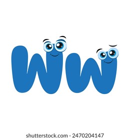 A colorful alphabet for kids. Funny letter W with eyes. Cute Blue Letter W Cartoon Character With cute eyes. Cute children ABC alphabet flash card with letter W for kids learning English vocabulary.