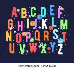 Colorful Alphabet for Kids. Vector illustration of alphabet graphics for kids with outer space theme. space kids, alphabet for children.