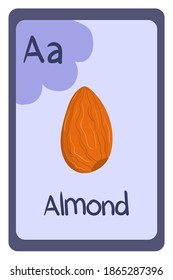 Colorful alphabet letter A - almond. Phonics flashcard. Food themed ABC cards for teaching reading with foods, vegetables, fruits and nuts. Series of ABC.