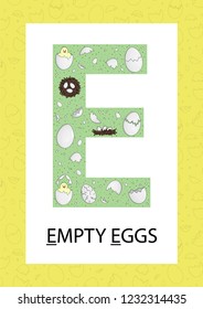 Colorful alphabet letter E. Phonics flashcard. Cute letter E for teaching reading with cartoon style eggs