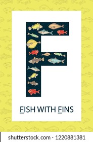 Colorful alphabet letter F. Phonics flashcard. Cute letter F for teaching reading with cartoon style fish