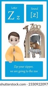 Colorful alphabet letter Z. Phonics flashcard with sound. Letter Z for teaching reading with phonetic drill text, illustrated in modern 3d cartoon style. Easy printable.