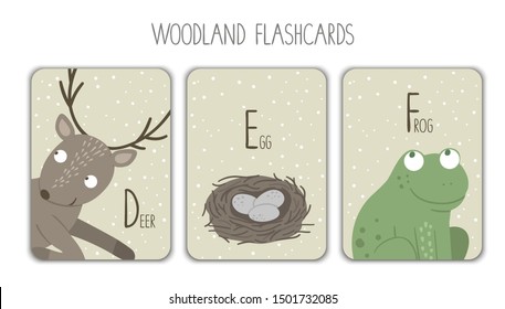 Colorful alphabet letters D, E, F. Phonics flashcard. Cute woodland themed ABC cards for teaching reading with funny bird, deer, eggs.