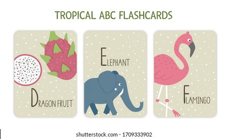 Alfabeto colorido D, E, F. Carta de fotos con animales tropicales, aves, frutas, plantas. Corta selva educativa Tarjetas ABC para enseñar lectura con divertidas frutas de dragón, elefante, flamingo
