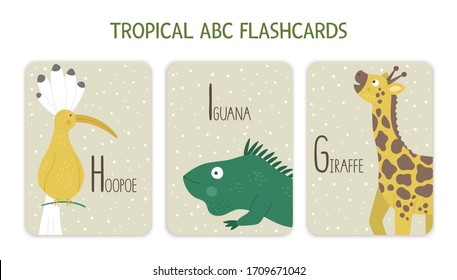 Colorful alphabet letters G, H, I. Phonics flashcard with tropical animals, birds, fruit, plants. Cute educational jungle ABC cards for teaching reading with funny hoopoe, giraffe, iguana