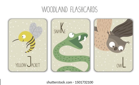 Colorful alphabet letters J, K, L. Phonics flashcard. Cute woodland themed ABC cards for teaching reading with funny yellow jacket, snake, owl.