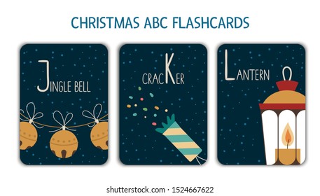 Colorful alphabet letters J, K, L. Phonics flashcard. Cute Christmas themed ABC cards for teaching reading with funny jingle bell, cracker, lantern. New Year festive activity