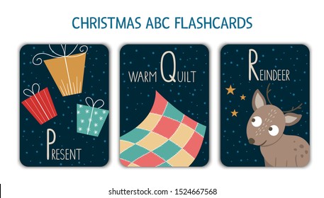 Colorful alphabet letters P, Q, R. Phonics flashcard. Cute Christmas themed ABC cards for teaching reading with funny presents, warm quilt, reindeer. New Year festive activity
