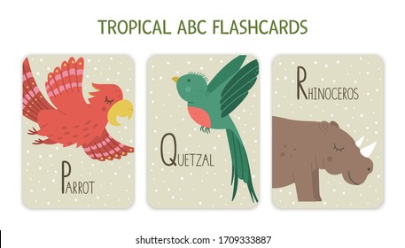 Colorful alphabet letters P, Q, R. Phonics flashcard with tropical animals, birds, fruit, plants. Cute educational jungle ABC cards for teaching reading with funny parrot, quetzal, Rhinoceros