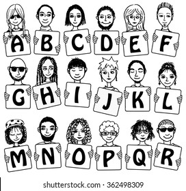 Colorful alphabet letters A - R with cute hand drawn faces