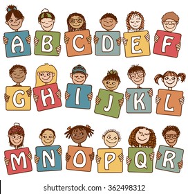 Colorful alphabet letters A - R with cute hand drawn kids