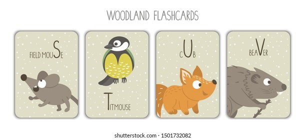 Colorful alphabet letters S, T, U, V. Phonics flashcard. Cute woodland themed ABC cards for teaching reading with funny mouse, titmouse, fox, beaver.