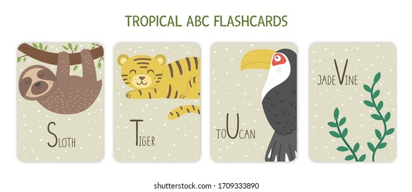 Colorful alphabet letters S, T, U, V. Phonics flashcard with tropical animals, birds, fruit, plants. Cute educational jungle ABC cards for teaching reading with funny sloth, tiger, toucan, jade vine