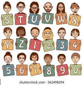 Colorful alphabet letters S - Z and numbers with cute hand drawn faces