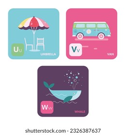 colorful alphabet letters u v w on illustrated flash cards for kids