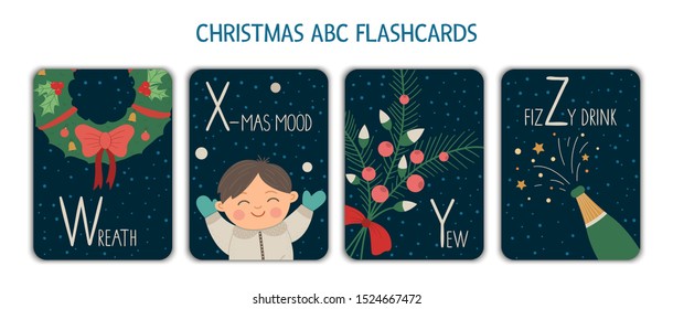 Colorful alphabet letters W, X, Y, Z. Phonics flashcard. Cute Christmas themed ABC cards for teaching reading with funny boy, wreath, champagne, yew. New Year festive activity