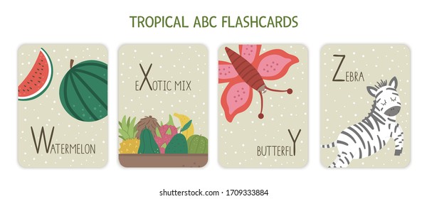 Colorful alphabet letters W, X, Y, Z. Phonics flashcard with tropical animals, birds, fruit, plants. Cute educational jungle ABC cards for teaching reading with funny watermelon, butterfly, zebra