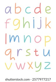 colorful alphabet lowercase on white background. hand written childish abc letters for poster and print.  