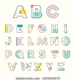 Colorful Alphabet Memphis Style with geometric punchy pastel color. Typeface Font Design for Birthday, Wedding, Baby shower invitation.