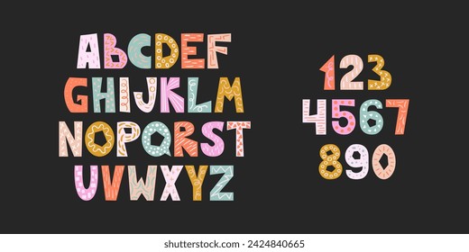 Colorful alphabet and numbers with decorative doodle elements Cutout childish letters and number collection Playful style