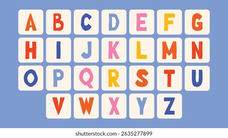 Colorful alphabet and numbers set for kids. Fun educational cards for early learning, featuring vibrant letters and digits in square shapes — perfect for preschool and kindergarten activities