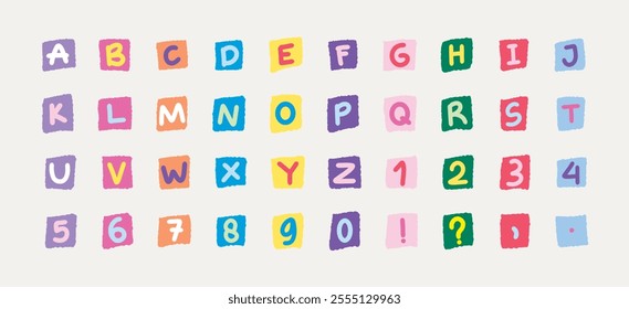 Colorful Alphabet And Numbers Set. A playful collection of bold letters, numbers, and symbols, displayed in vibrant blocks with a hand-drawn style. Perfect for educational materials, creative designs.