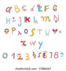 Colorful alphabet and numbers in whimsical style.