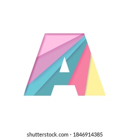 Colorful alphabet A with paper cut shapes on white background.