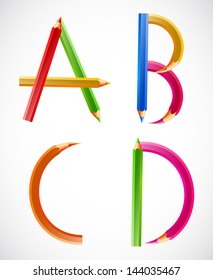 Colorful alphabet of pencils (A, B, C, D). Vector