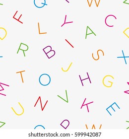 Colorful Alphabet Seamless Wallpaper Pattern. Multicolor Seamless ABC Vector Background In Memphis Style.