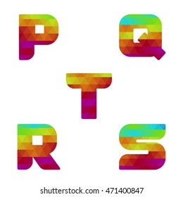 Colorful alphabet. Series of letters formed by geometric shapes, triangles. White background. Isolated. Letter p, q, r, s, t.