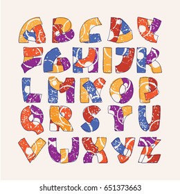 Colorful alphabet set with hand drawn letters sequence from A to Z on beige background. Vector collection hand written in bright colors. Font decorated with abstract splashes and drops in random order