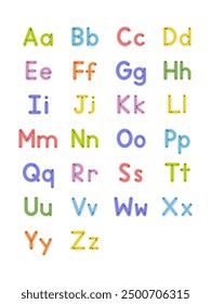 Colorful alphabet vector, illustration. Handwritten letters set for kids. For correct writing. For homeschooling and school. Wall alphabet, poster, spelling notebook.