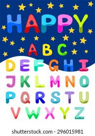 Colorful alphabet vector illustration  Uppercase font set of ABC letters in bright colors Funny cartoon alphabet on starry night sky background for scrap booking, school projects, posters, textiles