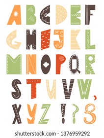 Colorful alphabeth in scandinavian style. Hand drawn kids font. For typography poster, card, label, brochure, flyer, page, banner design. - Vector
