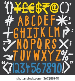 colorful alphabets, numbers and special characters - hand written vector icons set. These letters, numerals, arrows, brackets, currencies, marks are written using a thick brush and on black background