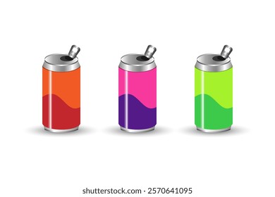 Colorful aluminum cans set icons isolated on white background. Soft drinks sign. Soda, lemonade, juice, energy drink mockups.